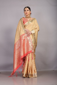 Gold Zari woven Tussar Silk saree with Contrst Rich Pallu -Light Brown