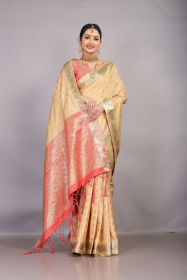 Gold Zari woven Tussar Silk saree with Contrst Rich Pallu -Light Brown
