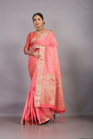 Gold Zari woven Tussar Silk saree with Contrst Rich Pallu -Pink
