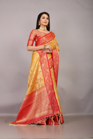 Banarasi Organza saree with Zari woven Contrast and pallu -Yellow