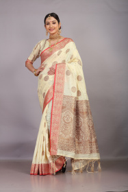 Gold zari woven dola silk saree with rich pallu - Off White