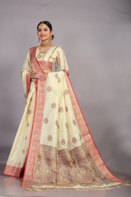 Gold zari woven dola silk saree with rich pallu - Off White