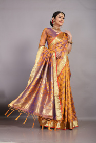 Tansui Silk saree with Gold zari woven border and rich Pallu - Brown
