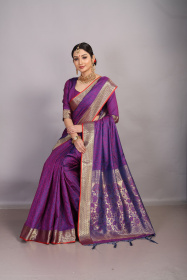 Tansui Silk saree with Gold zari woven border and rich Pallu - Violet