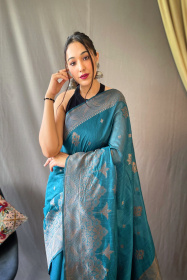 Copper Zari woven Pure Cotton saree - Blue