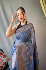 Copper Zari woven Pure Cotton saree - Metallic Blue