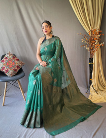 Copper Zari woven Pure Cotton saree - Dark Green