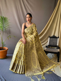 Copper Zari jaal woven Pure Cotton saree - Yellow