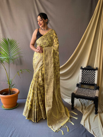 Copper Zari jaal woven Pure Cotton saree - Yellow