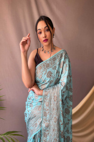 Copper Zari jaal woven Pure Cotton saree - Sky Blue
