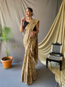 Copper Zari jaal woven Pure Cotton saree - Dark Yellow