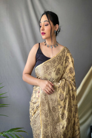 Copper Zari jaal woven Pure Cotton saree - Dark Yellow
