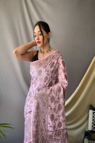 Copper Zari jaal woven Pure Cotton saree - Pink