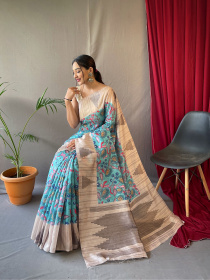 Bhagalpuri Cotton Silk Sarees with Kalamkari Prints - Blue