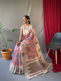 Bhagalpuri Cotton Silk Sarees with Kalamkari Prints - Pink