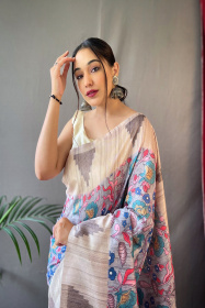 Bhagalpuri Cotton Silk Sarees with Kalamkari Prints - Grey