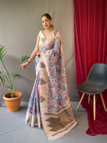 Bhagalpuri Cotton Silk Sarees with Kalamkari Prints - Grey