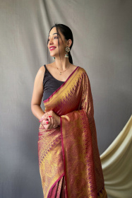 Pure kanjeevaram silk Saree with Gold zari woven Rich Pallu - Wine