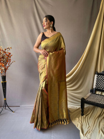 Pure kanjeevaram silk Saree with Gold zari woven Rich Pallu - Yellow