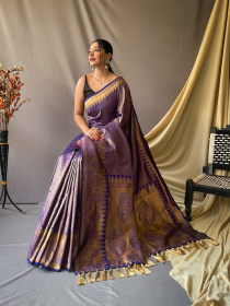 Pure kanjeevaram silk Saree with Gold zari woven Rich Pallu - Purple