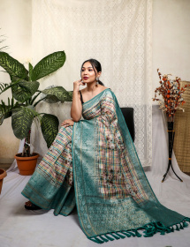 Pure linen Jaal woven saree with checkered prints - Sky Blue