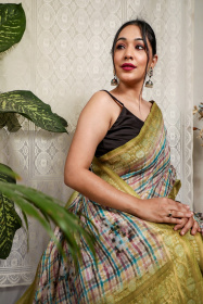 Pure linen Jaal woven saree with checkered prints - Mehandi Green