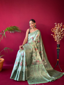Soft Silk Zari woven floral printed saree - Blue