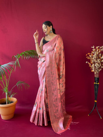 Soft Silk Zari woven floral printed saree - Pink