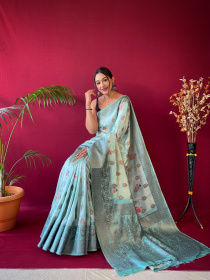 Soft Silk Zari woven floral printed saree - Light Green