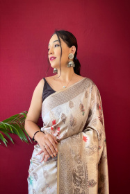 Soft Silk Zari woven floral printed saree - White