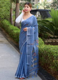 Copper Zari woven Pure linen Saree with meenakari motif - Blue