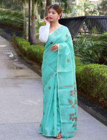 Copper Zari woven Pure linen Saree with meenakari motif - Rama blue