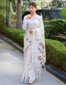Copper Zari woven Pure linen Saree with meenakari motif - White
