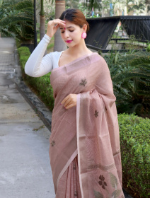 Copper Zari woven Pure linen Saree with meenakari motif - Brown
