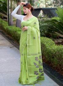 Copper Zari woven Pure linen Saree with meenakari motif - Green
