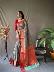 Pure linen silk Zari woven saree with contrast border & Pallu - Grey
