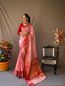 Pure linen silk Zari woven saree with contrast border & Pallu - Pink