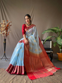 Pure linen silk Zari woven saree with contrast border & Pallu - Blue