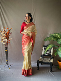 Pure linen silk Zari woven sari with contrast border Pallu - Off white