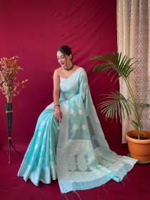 Pure Linen silk Lacknowi woven saree - Blue