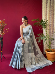 Pure Linen silk Lacknowi woven saree - Grey