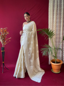 Pure Linen silk Lacknowi woven saree - Light Brown