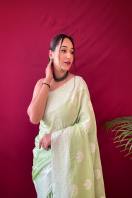 Pure Linen silk Lacknowi woven saree - Light Green