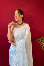 Pure Linen silk Lacknowi woven saree - Sky Blue