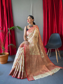 Pure Cotton Rose Gold zari jaal woven saree - Cream
