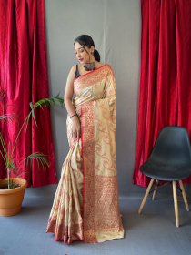 Pure Cotton Rose Gold zari jaal woven saree - Cream