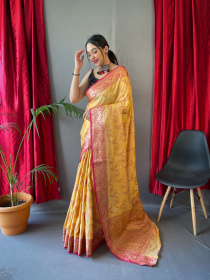 Pure Cotton Rose Gold zari jaal woven saree - Yellow