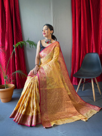 Pure Cotton Rose Gold zari jaal woven saree - Yellow