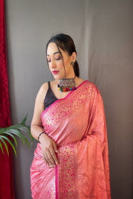 Pure Cotton Rose Gold zari jaal woven saree - Pink