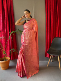 Pure Cotton Rose Gold zari jaal woven saree - Pink